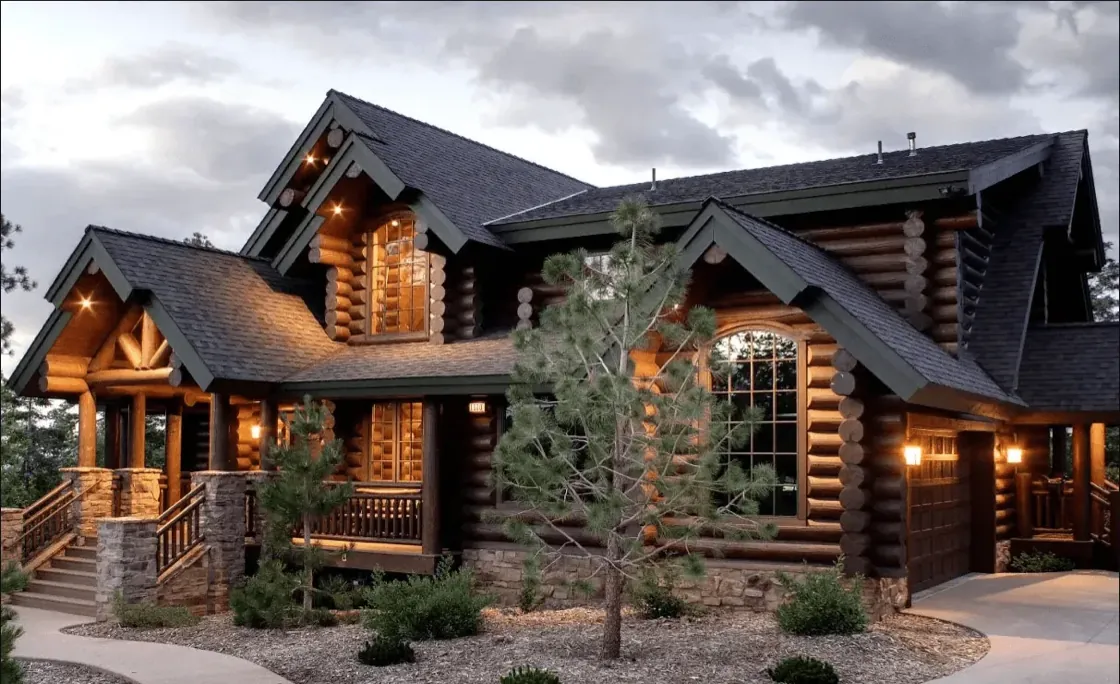 A finished log home at dusk with its porch and gable lights lit, stone-based steps to the entry and a young pine in the drive court.