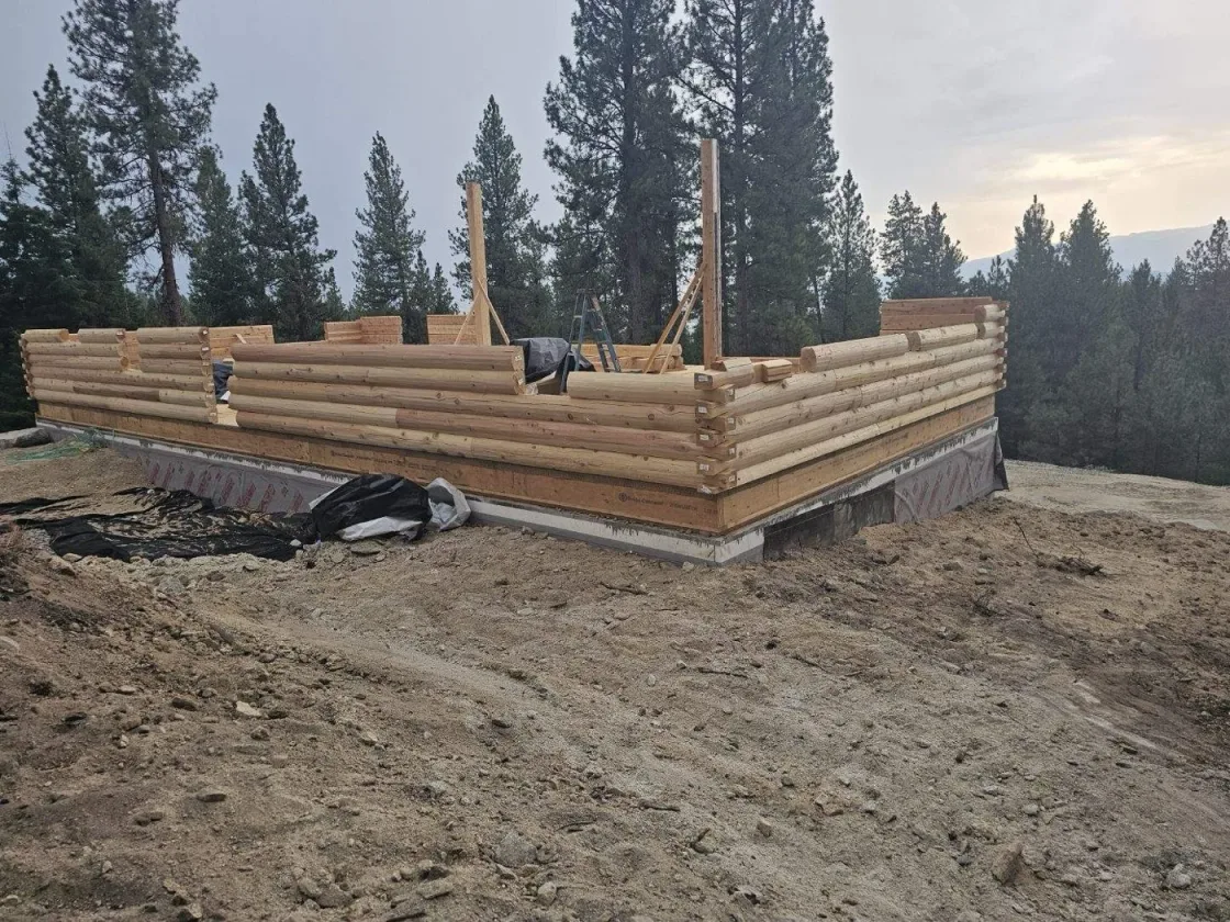 The first courses of a milled log wall rising from the foundation on a graded hilltop pad, braced posts standing at the corners and pines all around under an overcast sky.