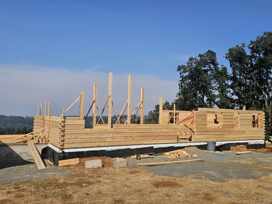 Log walls with window openings running the length of the foundation, tall braced posts standing ready for the roof, oaks behind and a wooded valley in the distance.